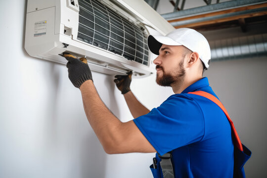HVAC technician installing a mini split air conditioner in San Bruno