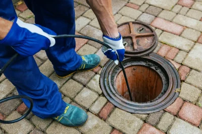 Plumber cleaning an outdoor sewer drain in San Bruno