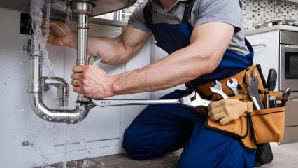 Plumber repairing pipes beneath a sink in San Bruno